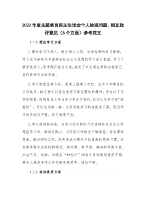 2023年度主题教育民主生活会个人检视问题、相互批评意见(6个方面)参考范文