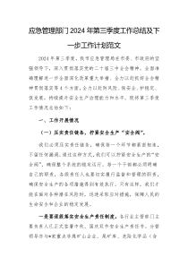 应急管理部门2024年第三季度工作总结及下一步工作计划范文