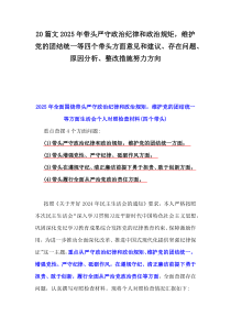 20篇文2025年带头严守政治纪律和政治规矩,维护党的团结统一等四个带头方面意见和建议、存在问题、原因分析、整改措施努力方向