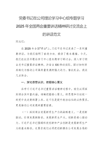 党委书记在公司理论学习中心组专题学习2025年全国两会重要讲话精神研讨交流会上的讲话范文
